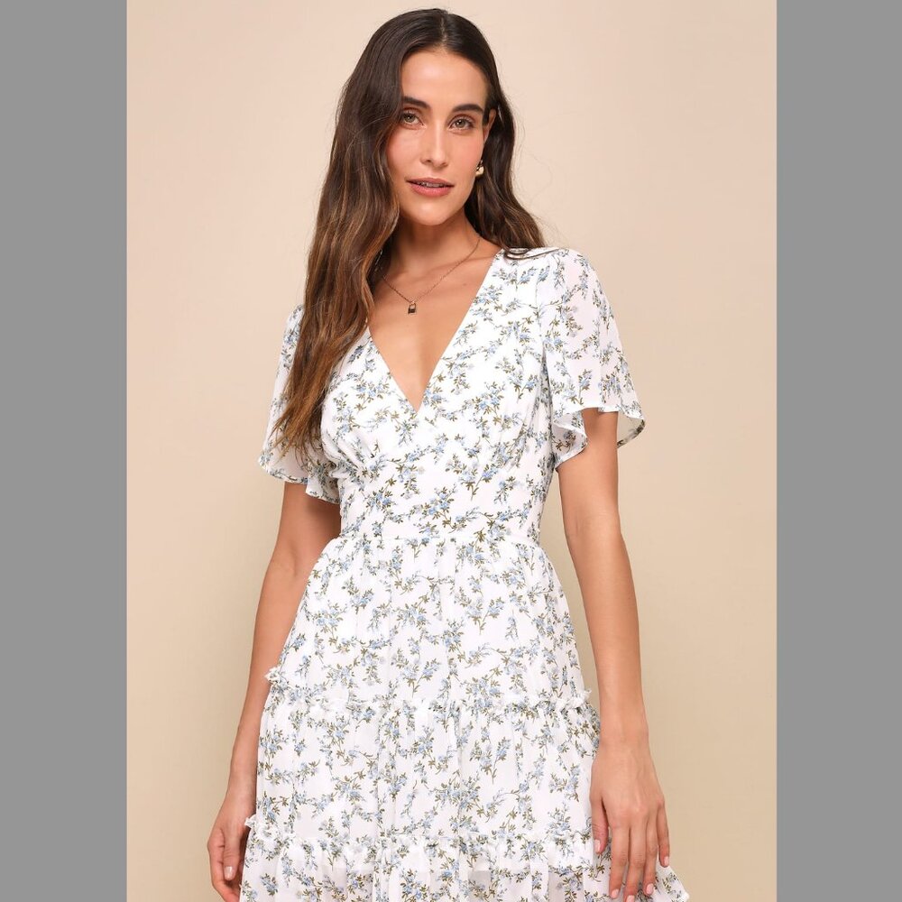 Lulu's So True White Floral Print Tiered Short Sleeve Mini Dress - Medium